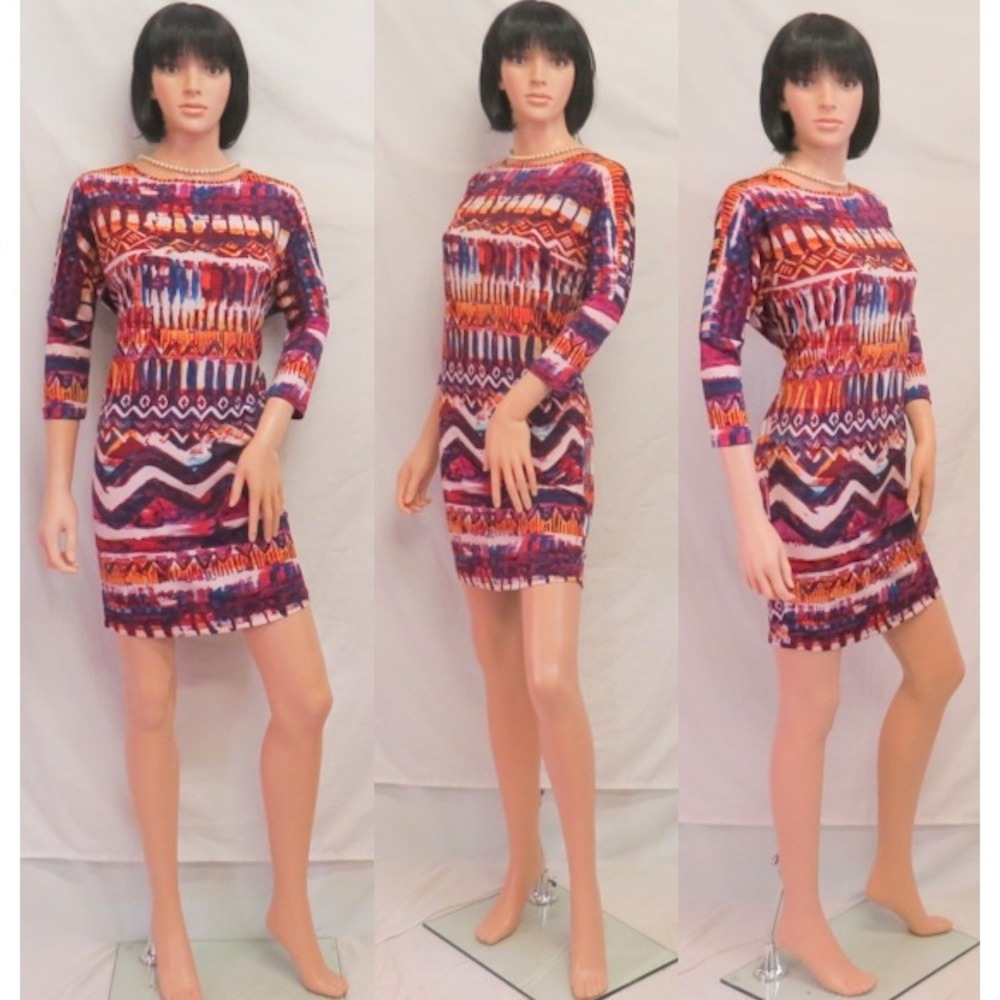 CUPIO Multi Color "Ethnic Zigzag" Pattern 3/4 Sleeve Baggy Stretch Dress‎ L
